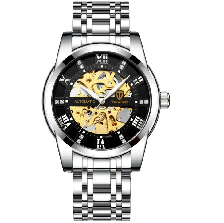 TEVISE T9005A men's automatic mechanical watch with skeleton dial, stainless steel strap, and 41mm round case