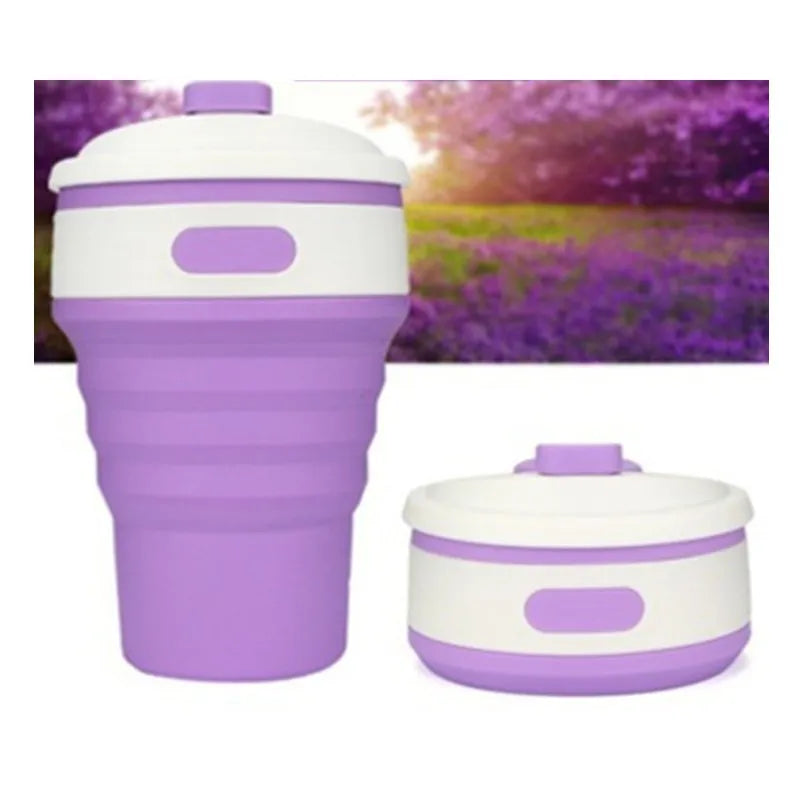 Green collapsible silicone travel mug shown expanded and folded to 6cm height