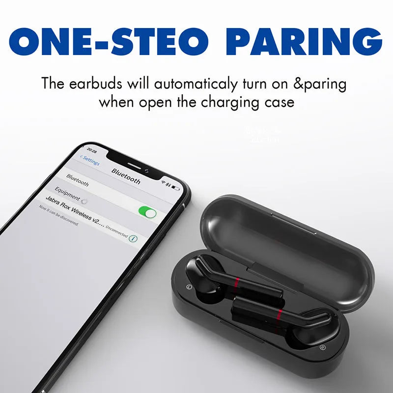 Black and white VV1 true wireless Bluetooth earphones with a compact charging case.