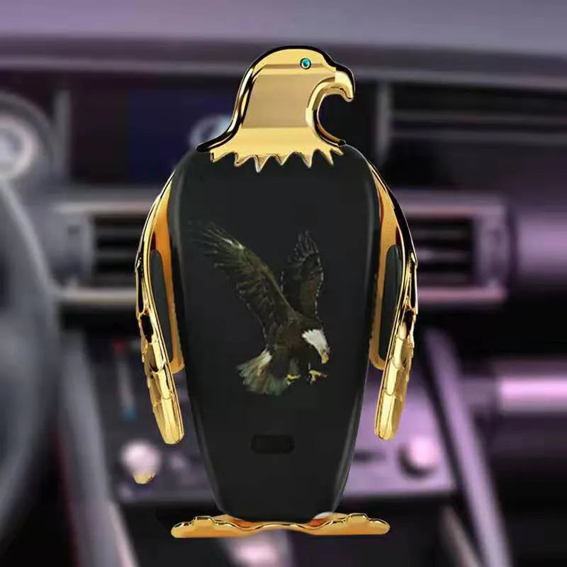 Eagle-style car phone holder with snap-on suction cup mount and wireless charging base in black gold finish