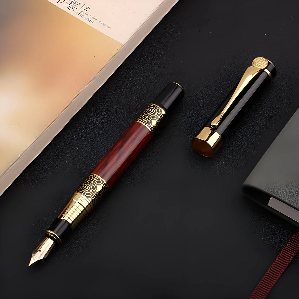Imitation mahogany metal wood grain fountain pen with 0.5mm nib and black ink refill