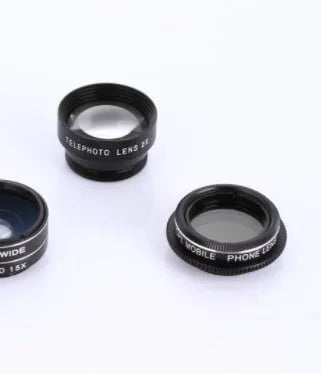 Five-in-one universal mobile phone lens kit with fisheye, wide-angle, macro, telephoto, and CPL polarising filter