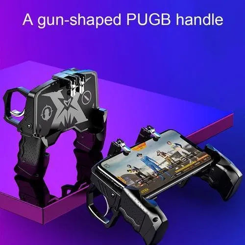 Black multi-function gamepad for mobile phones showing controller, trigger and integrated phone holder