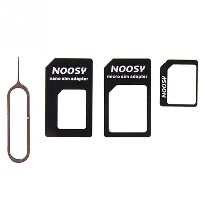 Three-piece SIM card cutter kit showing cutter tool, SIM tray removal tool, and SIM adapter