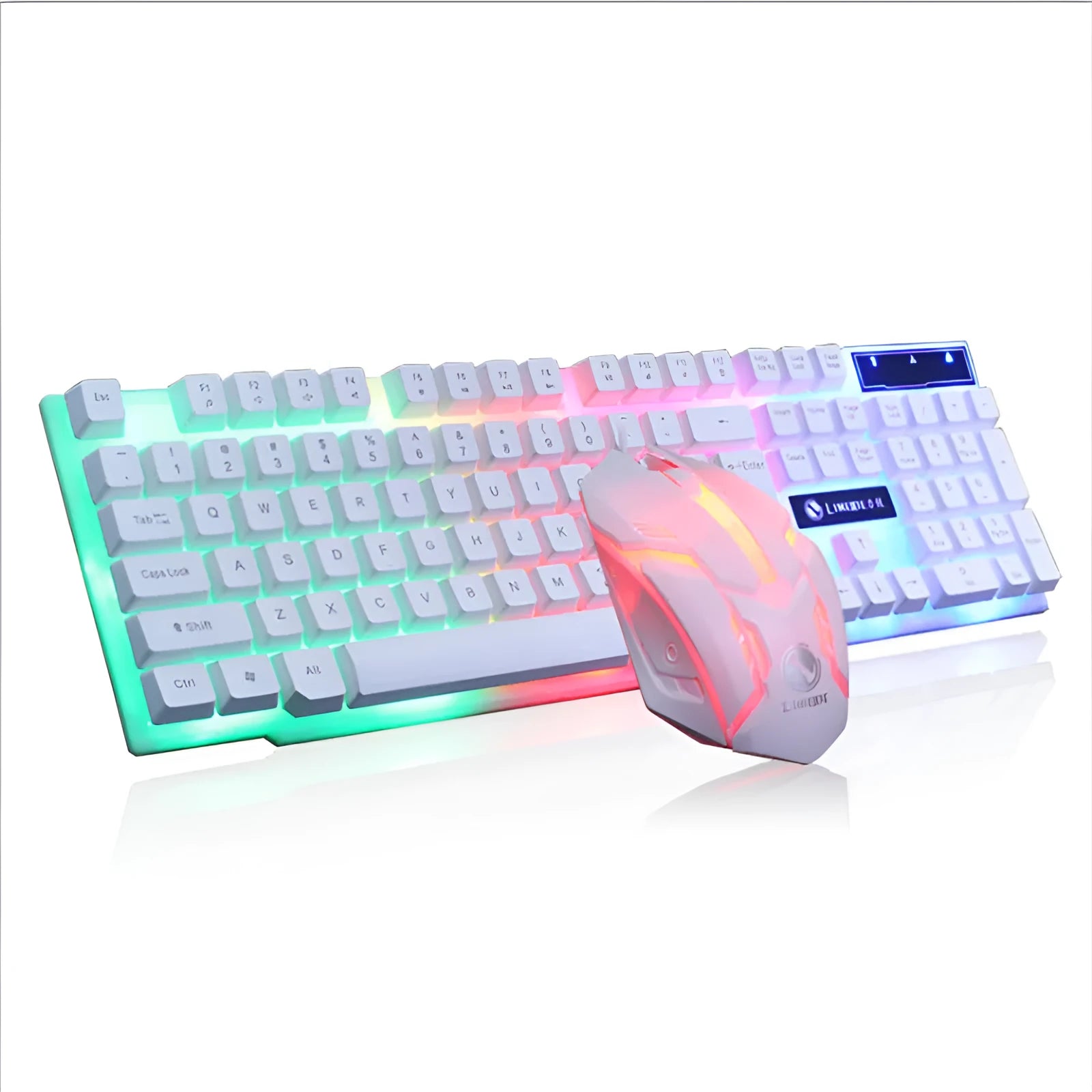 Limei GTX300 white gaming keyboard and mouse set with backlit keys on a desktop