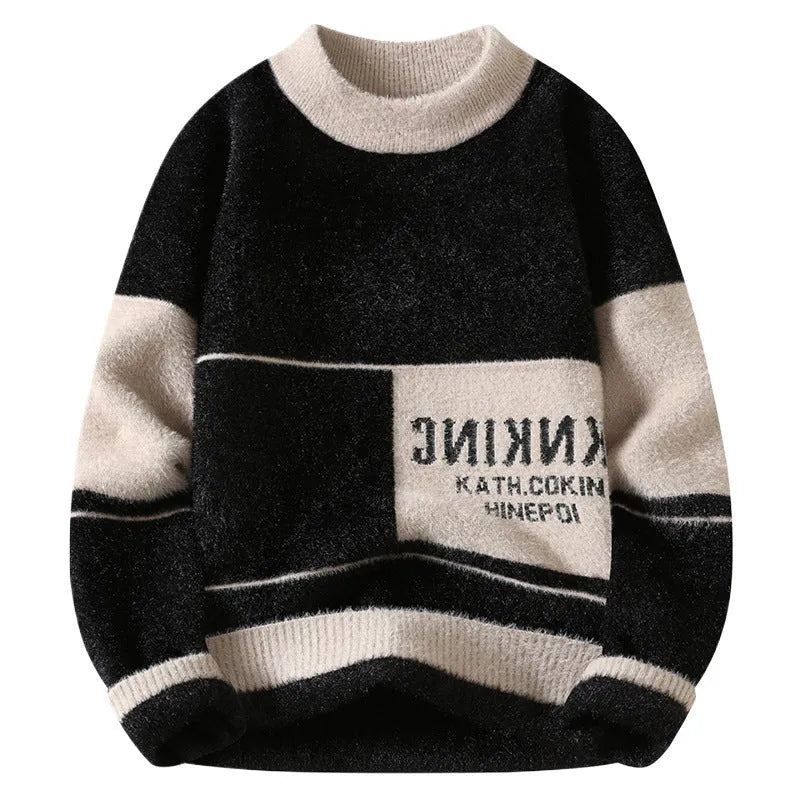 Semi-high neck thickened rabbit hair blend sweater in khaki, slim fit pullover for teenagers