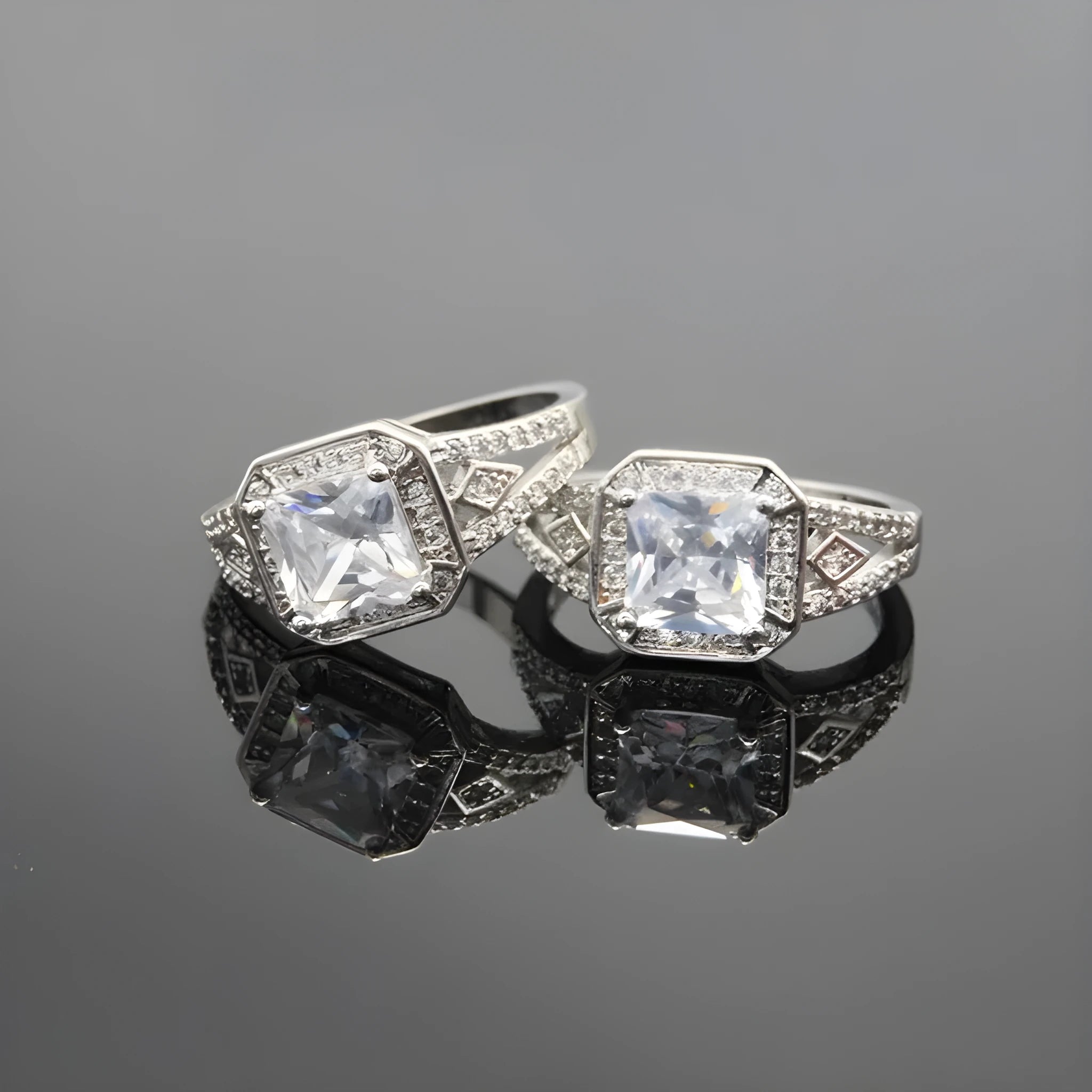 Geometric zircon women's ring with hollow ornament design in platinum colour