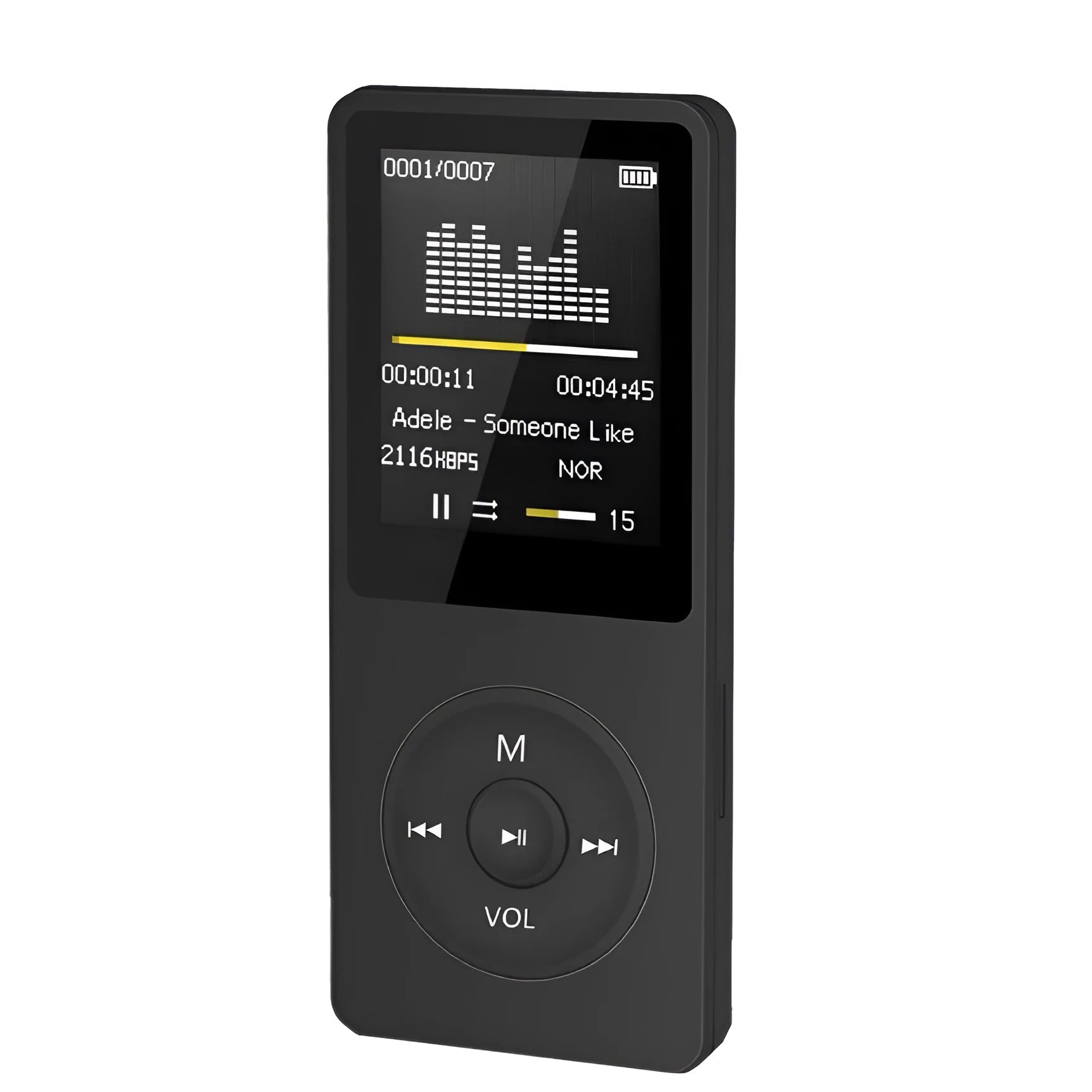 Black portable MP3 player with 1.8-inch TFT display, buttons, and TF card slot on a white background