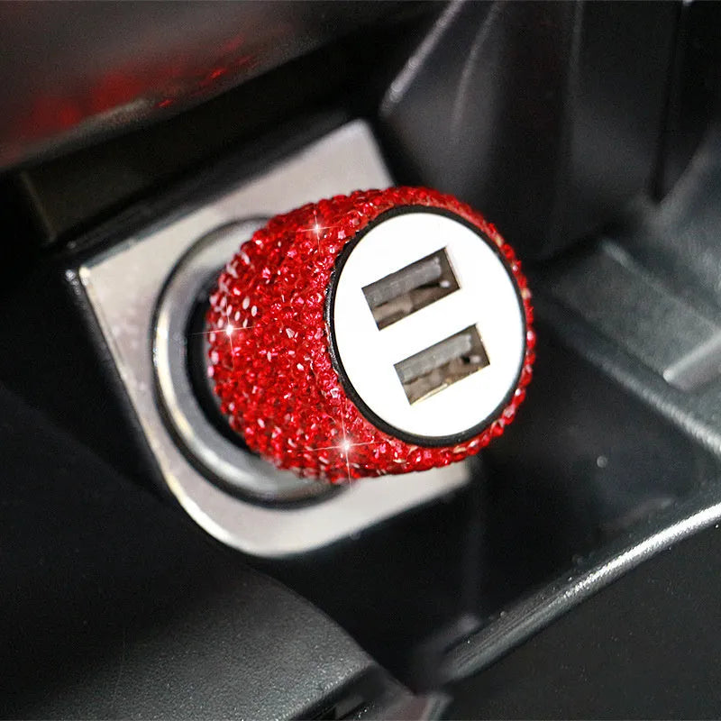 Car charger with diamond pattern design in red, white, black, pink, and AB colour options for cigarette lighter sockets.