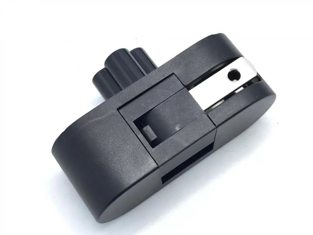 Black folding notebook power plug showing straight and 90-degree angle configurations