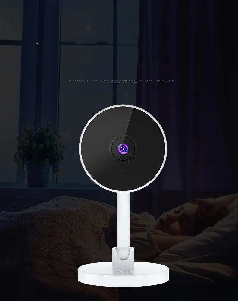 White WiFi security camera with gun-style design for home monitoring with microSD storage