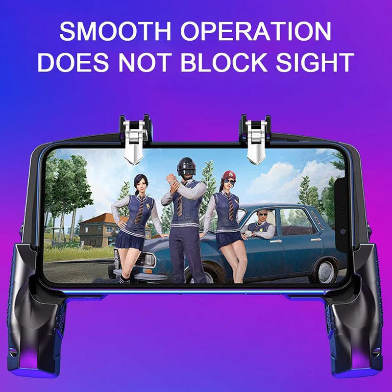 Black multi-function gamepad for mobile phones showing controller, trigger and integrated phone holder