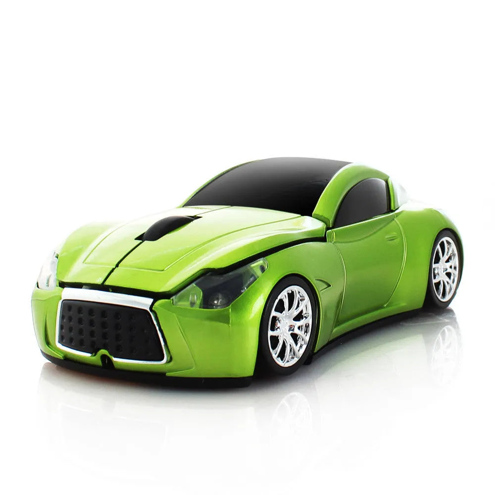 Wireless 2.4 GHz car sports mouse in red, with ABS construction and receiver storage compartment
