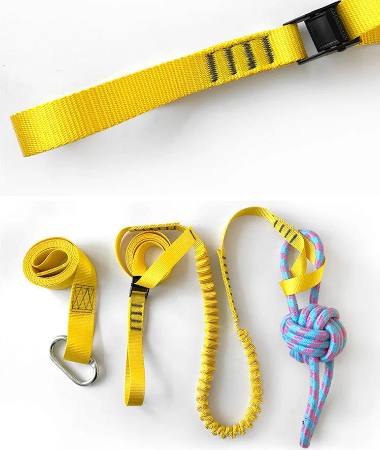 Pet training rope toy set with polyester training belt and rope toy in yellow and black for dog training