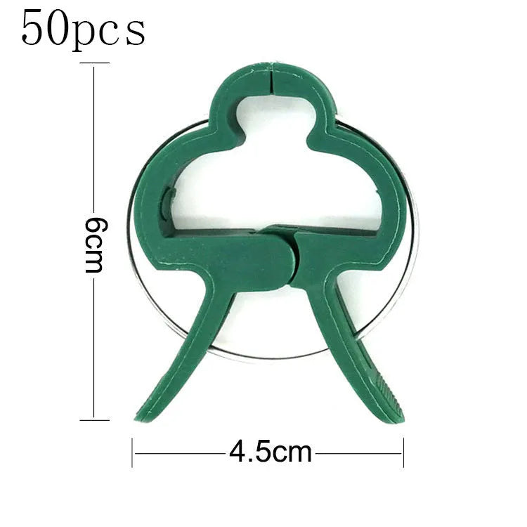Green plastic and zinc plant fixing clips, showing large and small sizes for garden vine support.