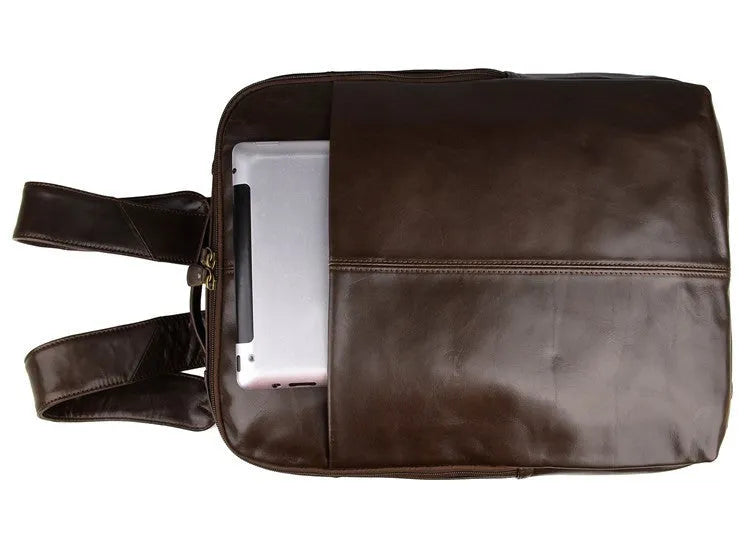 Top layer leather computer backpack in brown, fits 15 inch laptop, 29cm length 38cm height compact business daypack