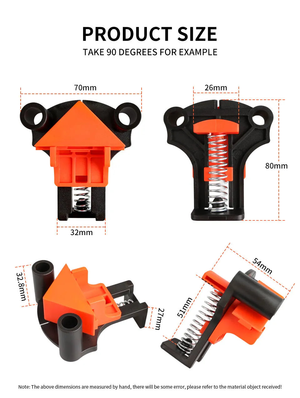 Set of four white plastic right angle clamps for picture frame assembly on a wooden surface.