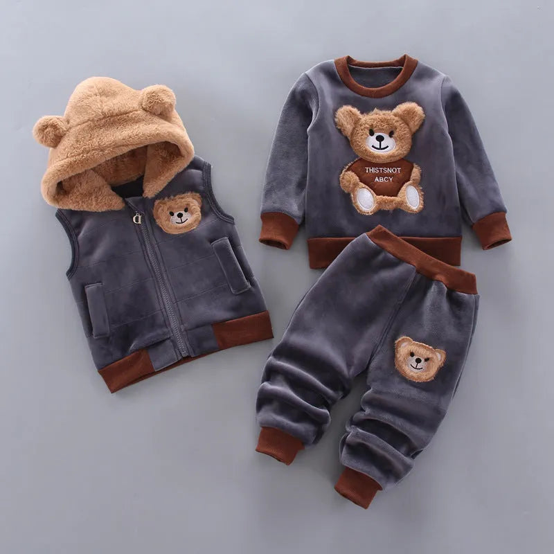 Children's thick three-piece cotton suit in bear blue with top, trousers and extra piece for toddlers aged 0-4 years