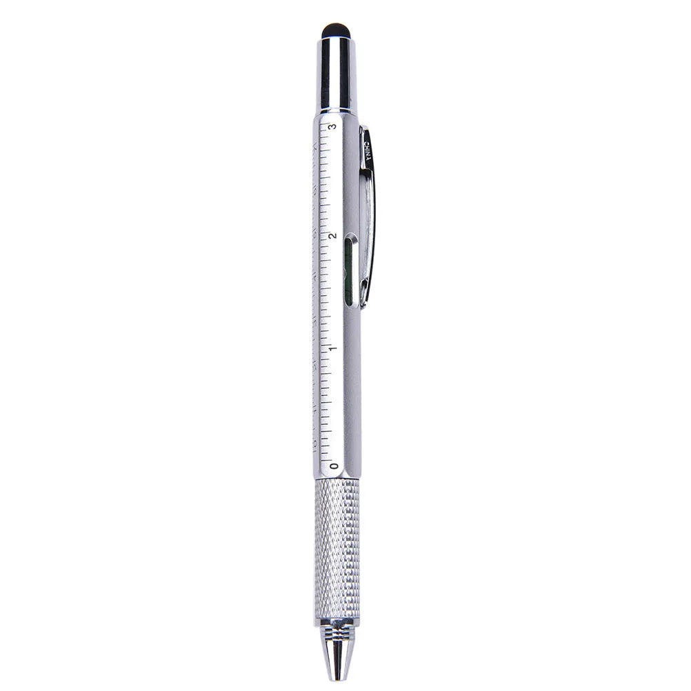 6 in 1 multi-function ballpoint pen with touch screen stylus, screwdriver tips, ruler and spirit level in black plastic