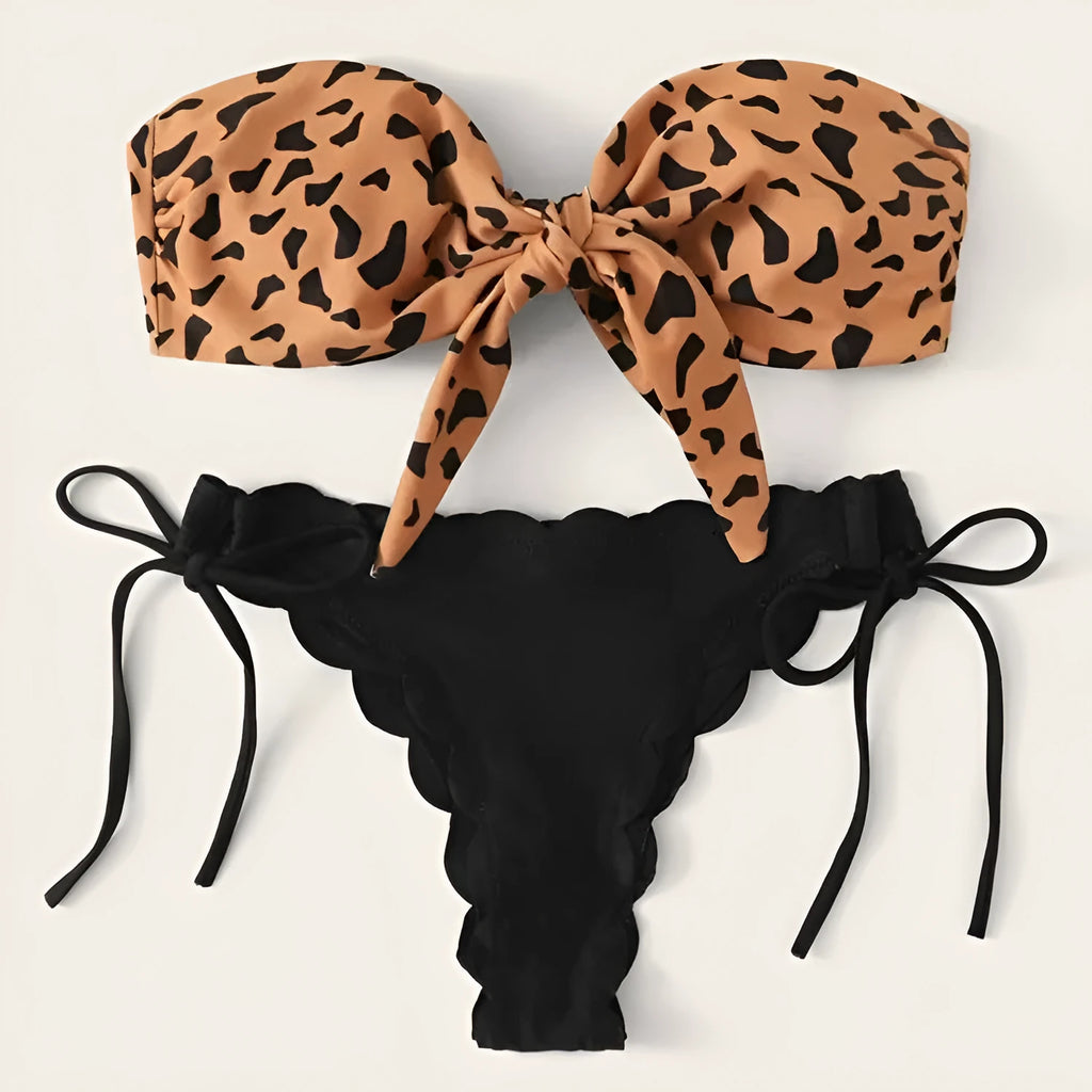 Women's leopard print split swimwear bikini set made from nylon and polyester, shown in Asian fit sizes S to XL