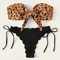 Women's leopard print split swimwear bikini set made from nylon and polyester, shown in Asian fit sizes S to XL