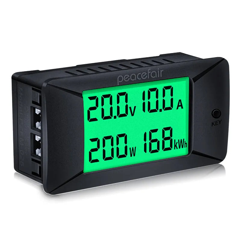 DC digital display voltmeter and ammeter with wiring and wrench for 0-300V measurement.