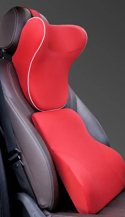 Car headrest set with memory foam cotton pillow and lumbar support in breathable fabric on car seat
