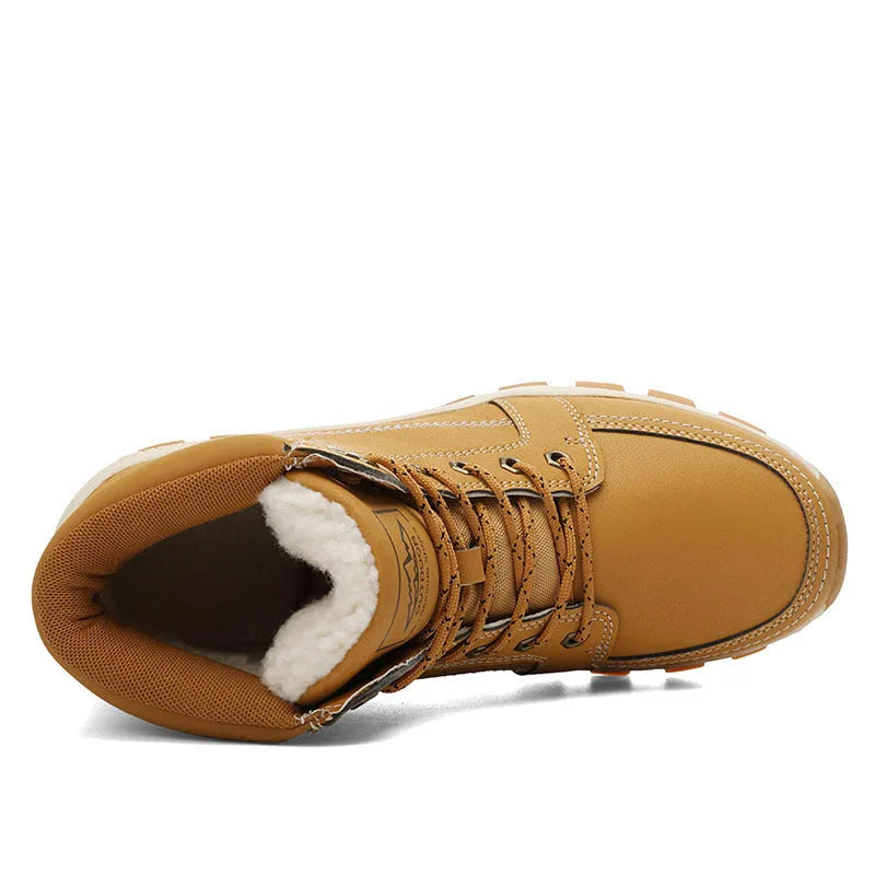Men's black plush high top cotton shoes with imitation leather PU upper and rubber sole side view