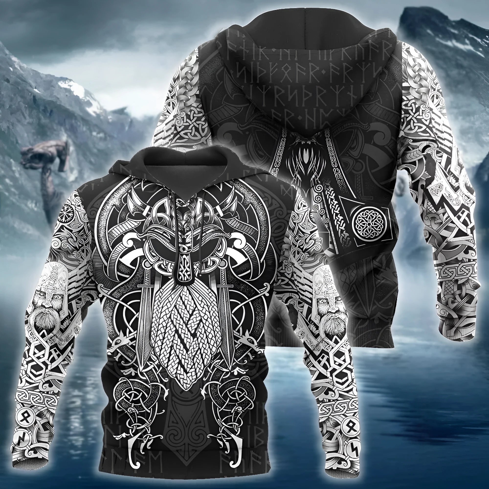Viking Odin 3D print hoodie in black polyester for men and women