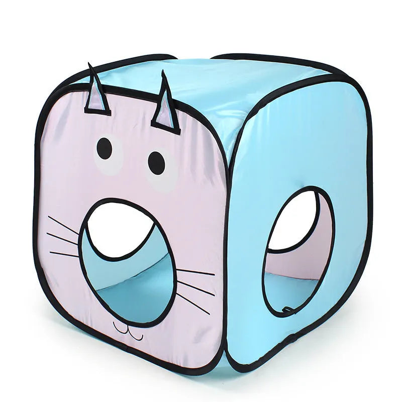 Foldable pet tent and tunnel three-piece set with cat and fish print design.