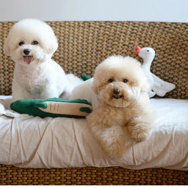Green plush toy dog soft toy measuring 35cm long on a white background.