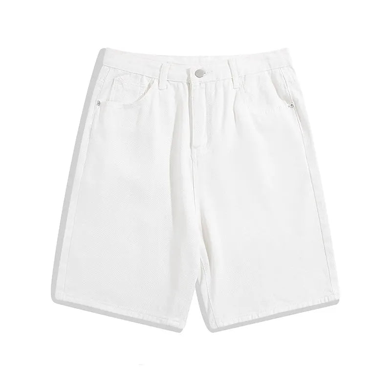 Men's straight-leg denim shorts in light blue, mid waist fit with zipper fly