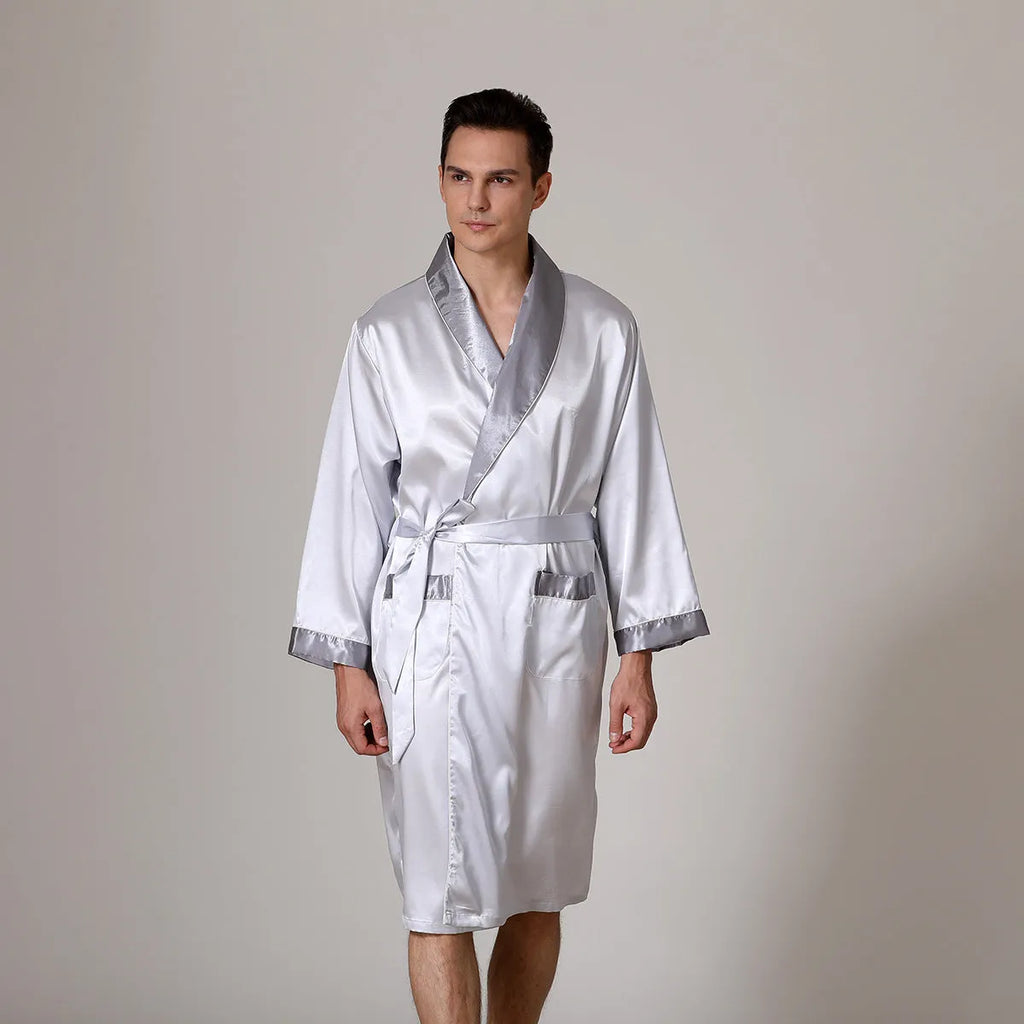 Men's rayon summer bathrobe in black with yellow collar, polyester fibre blend, available in sizes S to XXL
