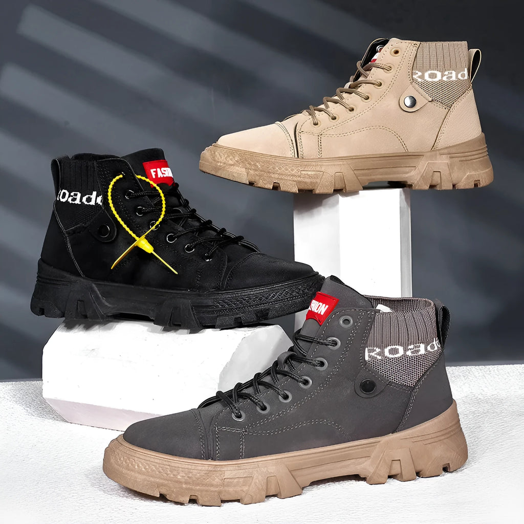 Men's high top Martin boots with frosted leather finish, square heel, and front lace closure
