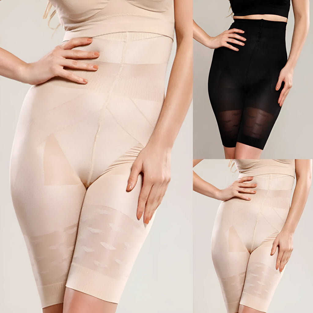 Black seamless high waist shapewear shorts for women on a mannequin, showing tummy control design.