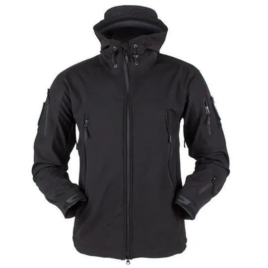 Men's windproof hooded soft shell jacket in polyester fibre, available in black, green, grey, and khaki sizes S to 4XL