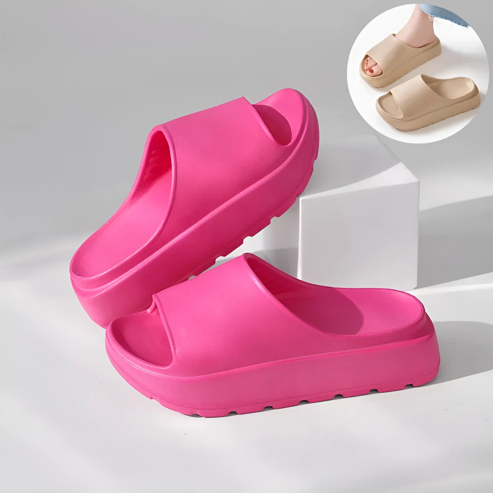 Women's fish mouth slippers with a thick light-coloured sole, shown in a beige colour option.