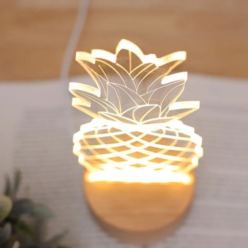 Pineapple-shaped wooden and acrylic bedside lamp with USB cable and dimmer switch.