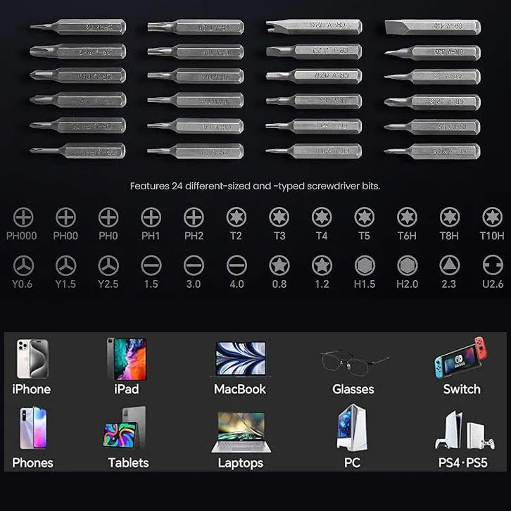 25-in-one screwdriver set with chrome vanadium steel magnetic bits and ABS handle on grey background