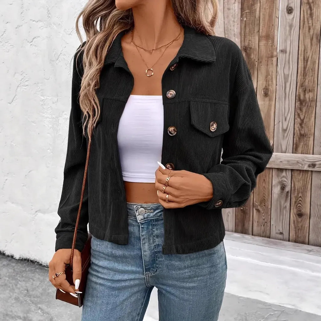 Women's brown retro-style loose-fit polyester shirt coat with long sleeves and button front.