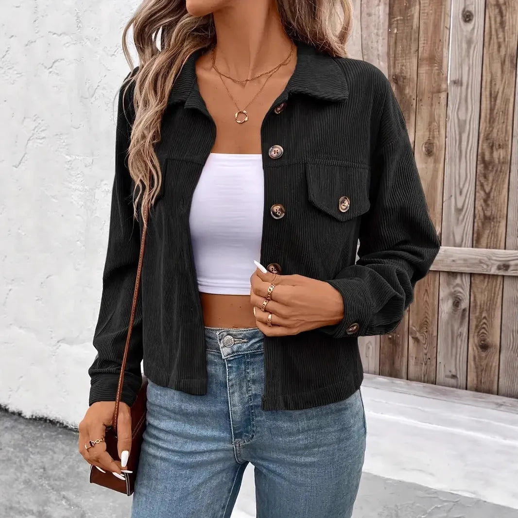 Women's brown retro-style loose-fit polyester shirt coat with long sleeves and button front.
