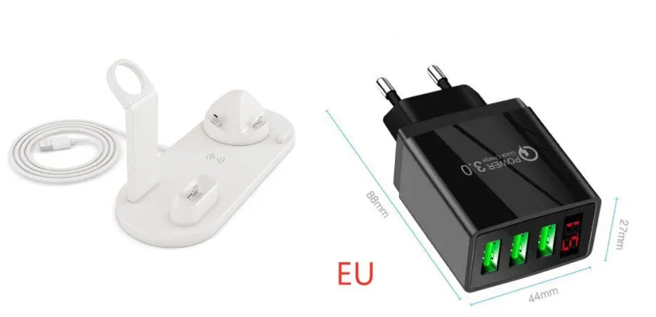4 in 1 wireless charger stand for iPhone Samsung iWatch AirPods in black silicone material with 360 degree rotating dock