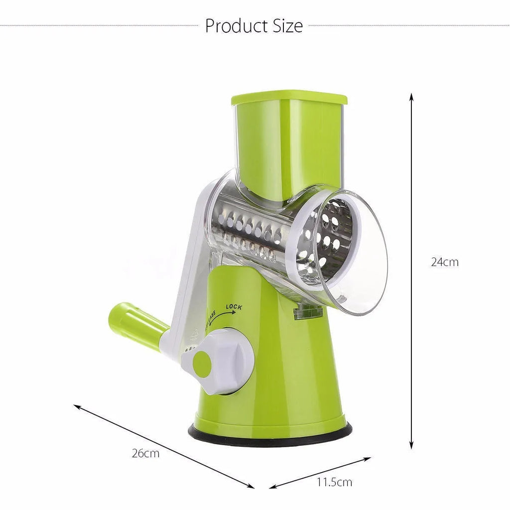 Round mandoline vegetable slicer with three stainless steel blades and suction cup base