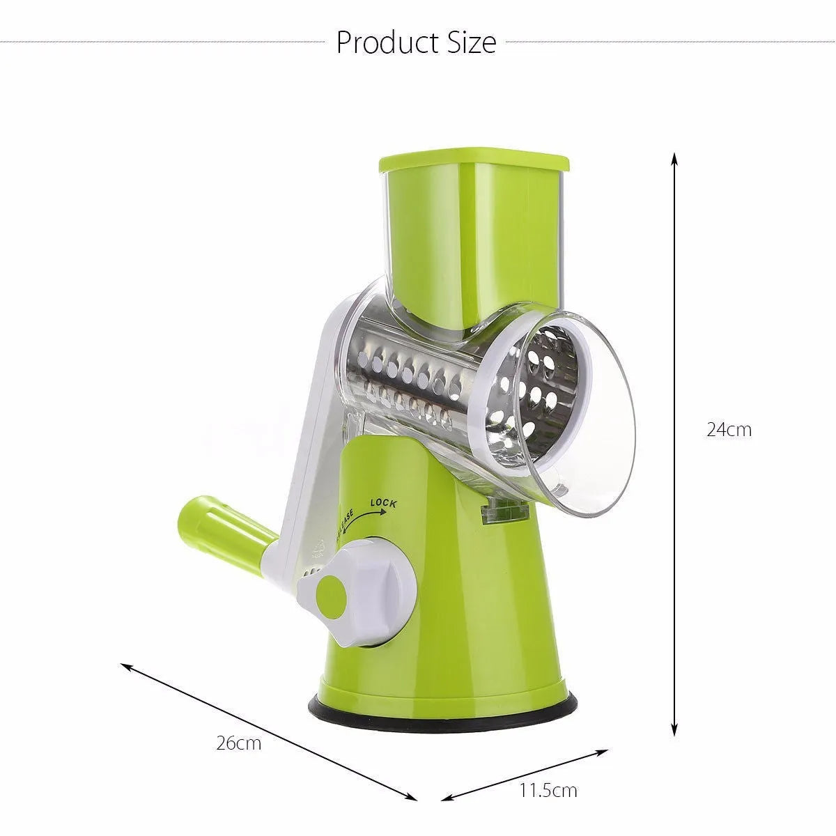 Round mandoline vegetable slicer with three stainless steel blades and suction cup base
