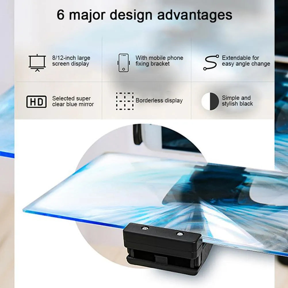 Black mobile phone screen amplifier with 12-inch acrylic lens on an adjustable folding bracket