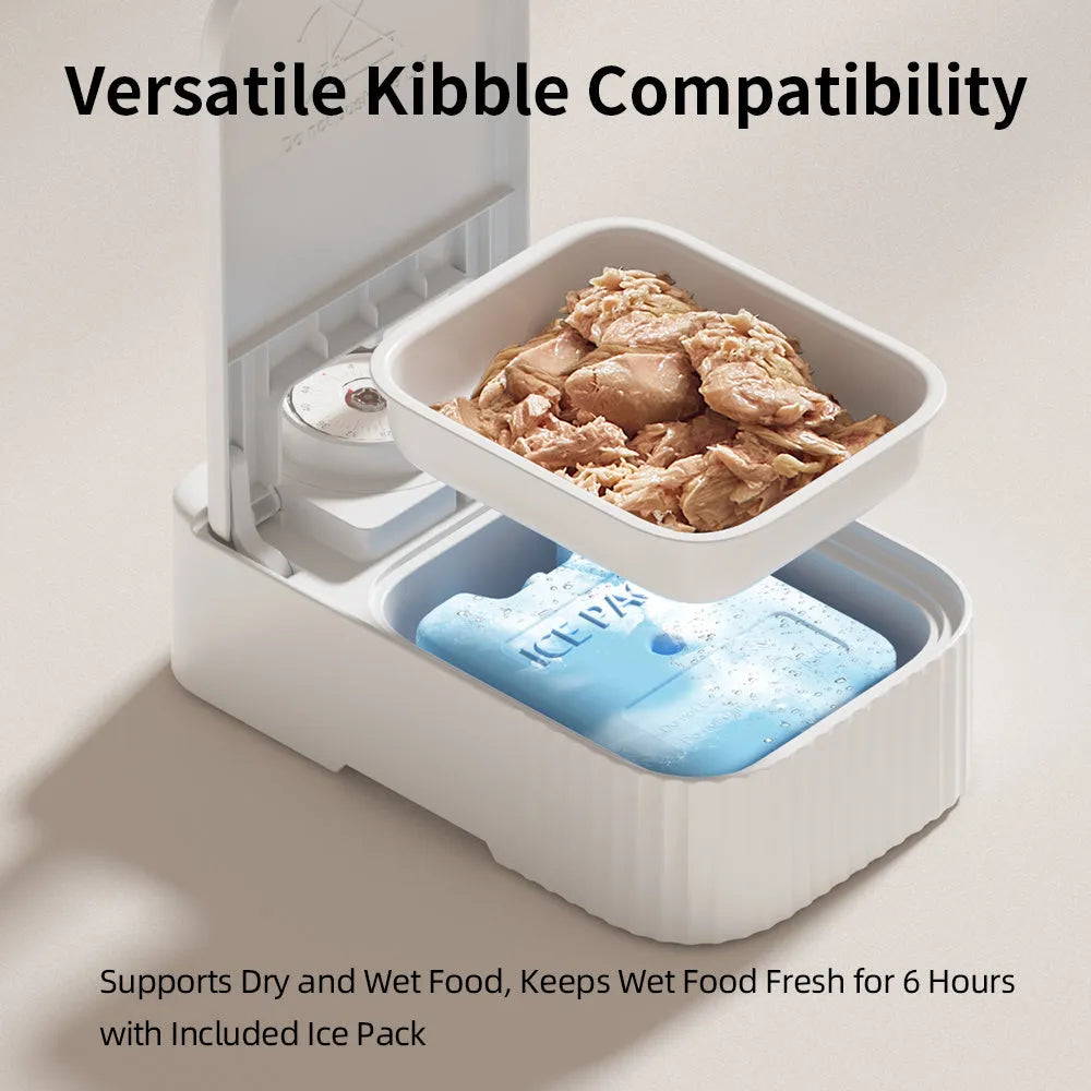 White timed pet feeder with visual alarm display and separate ice crystal box for freshness.