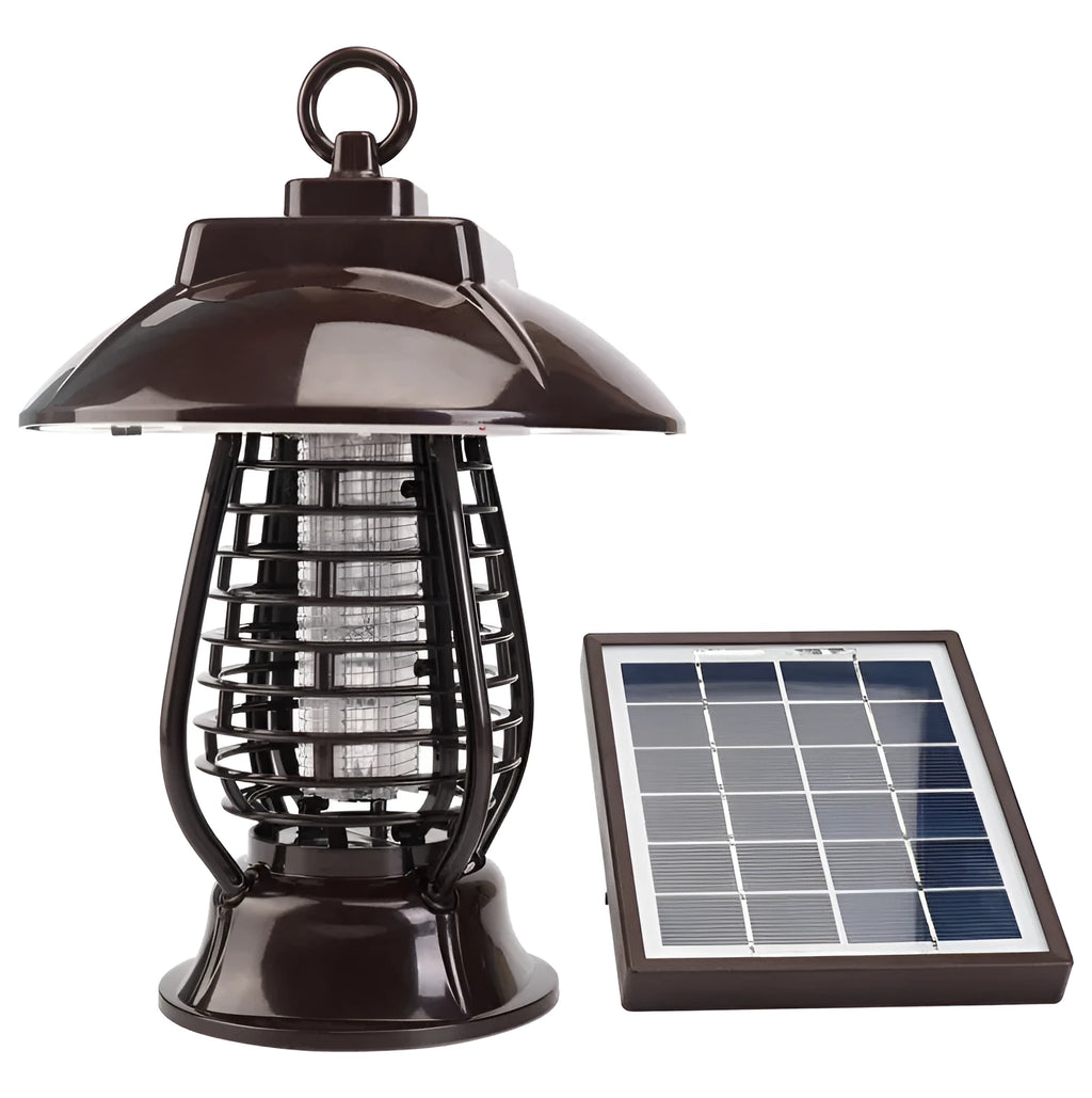 Black solar powered mosquito lamp with solar panel and LED lights for outdoor insect control