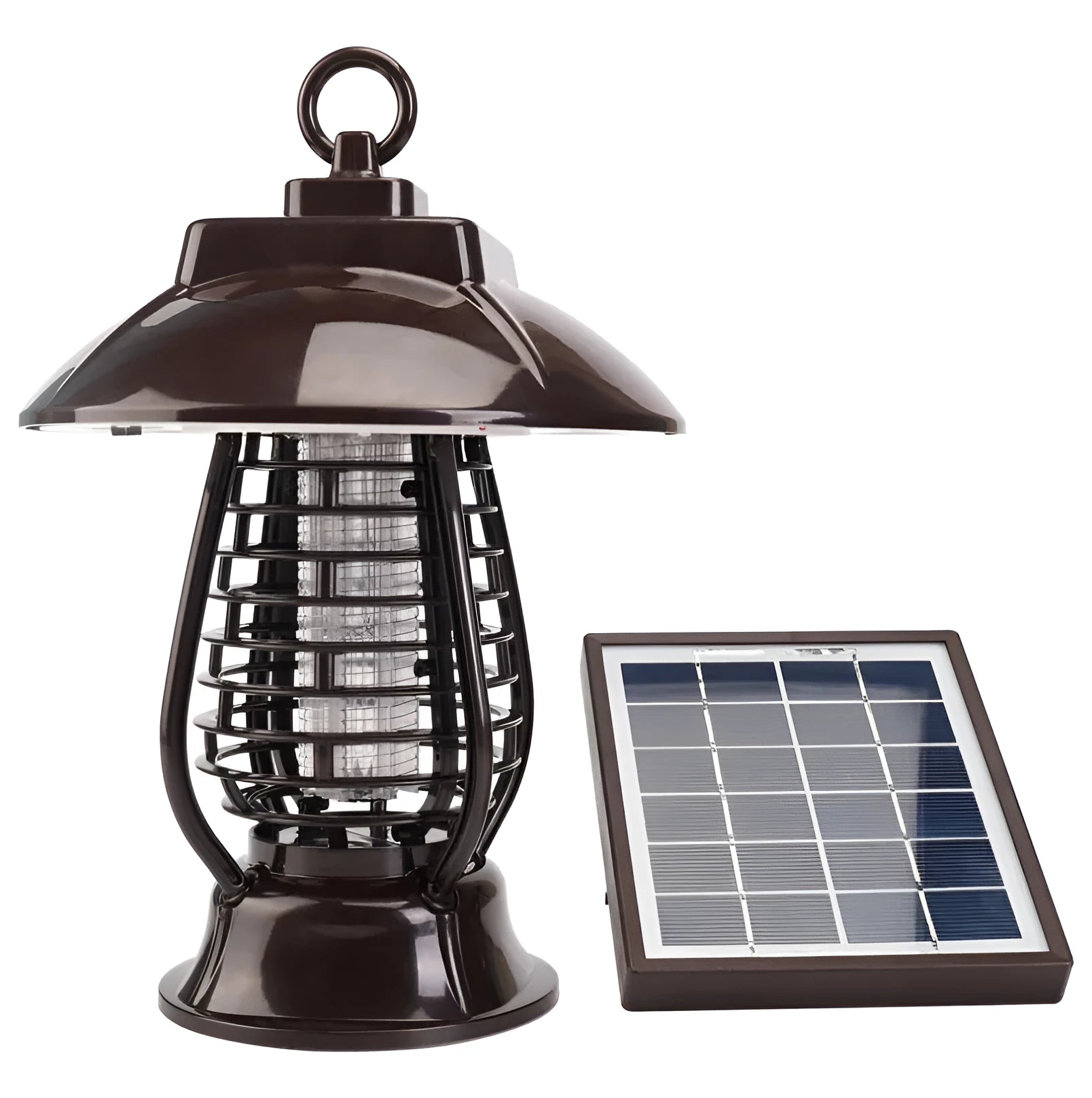 Black solar powered mosquito lamp with solar panel and LED lights for outdoor insect control
