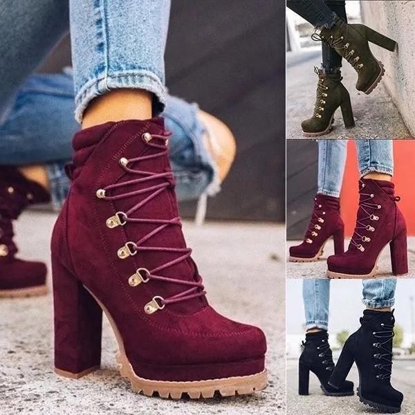 Women's suede high heel boots with thick 8cm heels in multiple colours