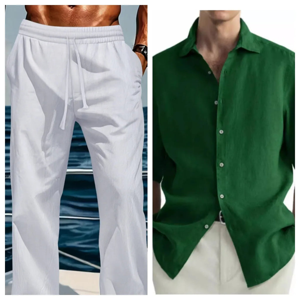 Green washed cotton men's casual shirt and matching trousers in regular fit cardigan style